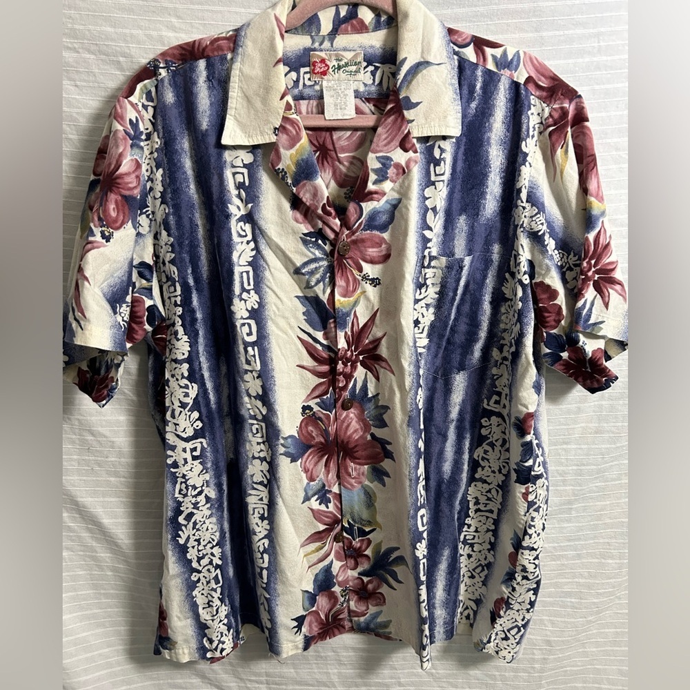 Hilo Hattie Pink Hibiscus Flowers Blue White Tribal Hawaiian Aloha Shirt Size XL